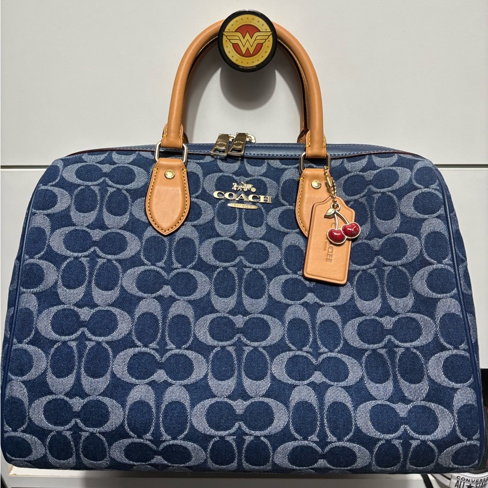 Coach Large Rowan Satchel in Denim Signature with cherry charm